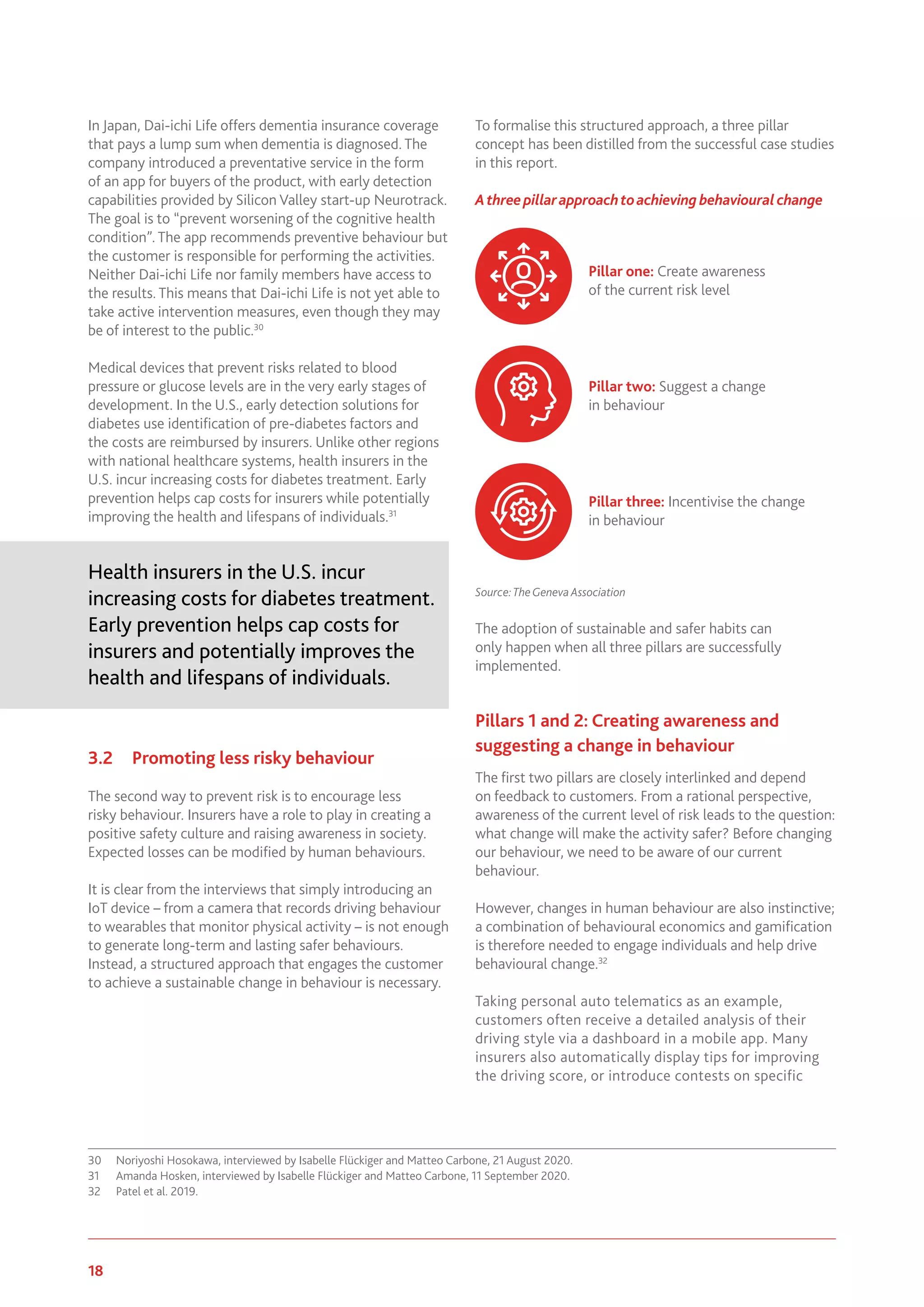 18 www.genevaassociation.org
In Japan, Dai-ichi Life offers dementia insurance coverage
that pays a lump sum when dementia is diagnosed. The
company introduced a preventative service in the form
of an app for buyers of the product, with early detection
capabilities provided by Silicon Valley start-up Neurotrack.
The goal is to “prevent worsening of the cognitive health
condition”. The app recommends preventive behaviour but
the customer is responsible for performing the activities.
Neither Dai-ichi Life nor family members have access to
the results. This means that Dai-ichi Life is not yet able to
take active intervention measures, even though they may
be of interest to the public.30
Medical devices that prevent risks related to blood
pressure or glucose levels are in the very early stages of
development. In the U.S., early detection solutions for
diabetes use identification of pre-diabetes factors and
the costs are reimbursed by insurers. Unlike other regions
with national healthcare systems, health insurers in the
U.S. incur increasing costs for diabetes treatment. Early
prevention helps cap costs for insurers while potentially
improving the health and lifespans of individuals.31
Health insurers in the U.S. incur
increasing costs for diabetes treatment.
Early prevention helps cap costs for
insurers and potentially improves the
health and lifespans of individuals.
3.2	 Promoting less risky behaviour
The second way to prevent risk is to encourage less
risky behaviour. Insurers have a role to play in creating a
positive safety culture and raising awareness in society.
Expected losses can be modified by human behaviours.
It is clear from the interviews that simply introducing an
IoT device – from a camera that records driving behaviour
to wearables that monitor physical activity – is not enough
to generate long-term and lasting safer behaviours.
Instead, a structured approach that engages the customer
to achieve a sustainable change in behaviour is necessary.
30	 Noriyoshi Hosokawa, interviewed by Isabelle Flückiger and Matteo Carbone, 21 August 2020.
31	 Amanda Hosken, interviewed by Isabelle Flückiger and Matteo Carbone, 11 September 2020.
32	 Patel et al. 2019.
To formalise this structured approach, a three pillar
concept has been distilled from the successful case studies
in this report.
Athreepillarapproachtoachievingbehaviouralchange
Source:TheGeneva Association
The adoption of sustainable and safer habits can
only happen when all three pillars are successfully
implemented.
Pillars 1 and 2: Creating awareness and
suggesting a change in behaviour
The first two pillars are closely interlinked and depend
on feedback to customers. From a rational perspective,
awareness of the current level of risk leads to the question:
what change will make the activity safer? Before changing
our behaviour, we need to be aware of our current
behaviour.
However, changes in human behaviour are also instinctive;
a combination of behavioural economics and gamification
is therefore needed to engage individuals and help drive
behavioural change.32
Taking personal auto telematics as an example,
customers often receive a detailed analysis of their
driving style via a dashboard in a mobile app. Many
insurers also automatically display tips for improving
the driving score, or introduce contests on specific
Pillar one: Create awareness
of the current risk level
Pillar two: Suggest a change
in behaviour
Pillar three: Incentivise the change
in behaviour
 