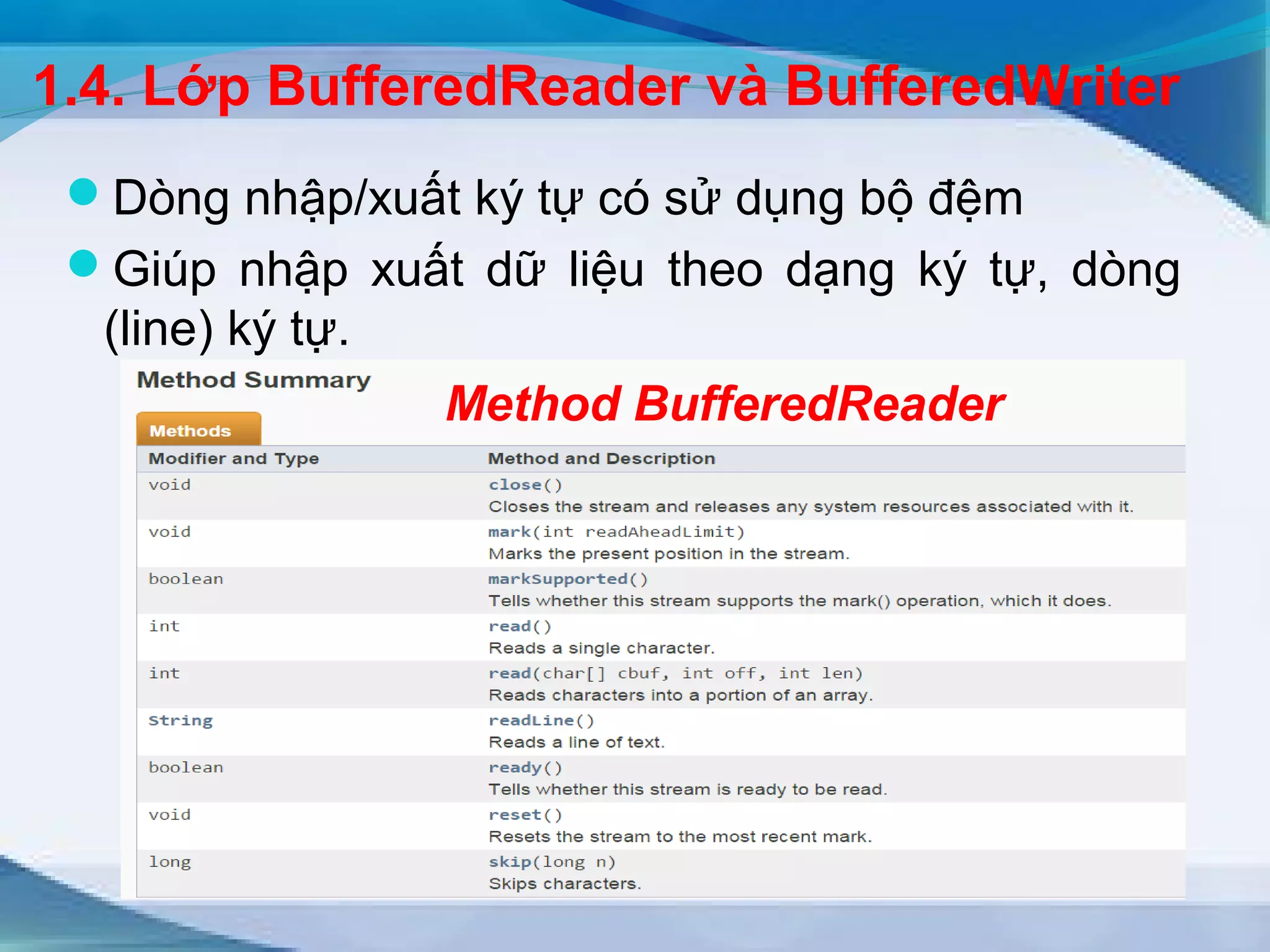 1.4. Lớp BufferedReader và BufferedWriter 
Dòng nhập/xuất ký tự có sử dụng bộ đệm 
Giúp nhập xuất dữ liệu theo dạng ký tự, dòng 
(line) ký tự. 
Method BufferedReader 
 