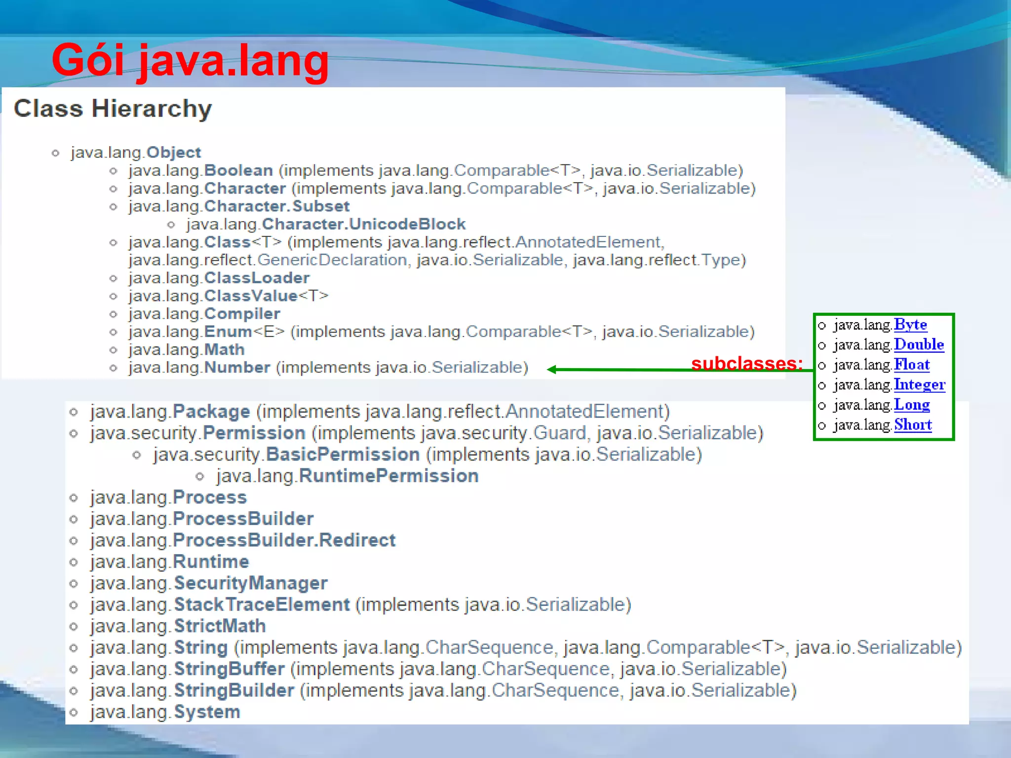 Gói java.lang 
subclasses: 
 