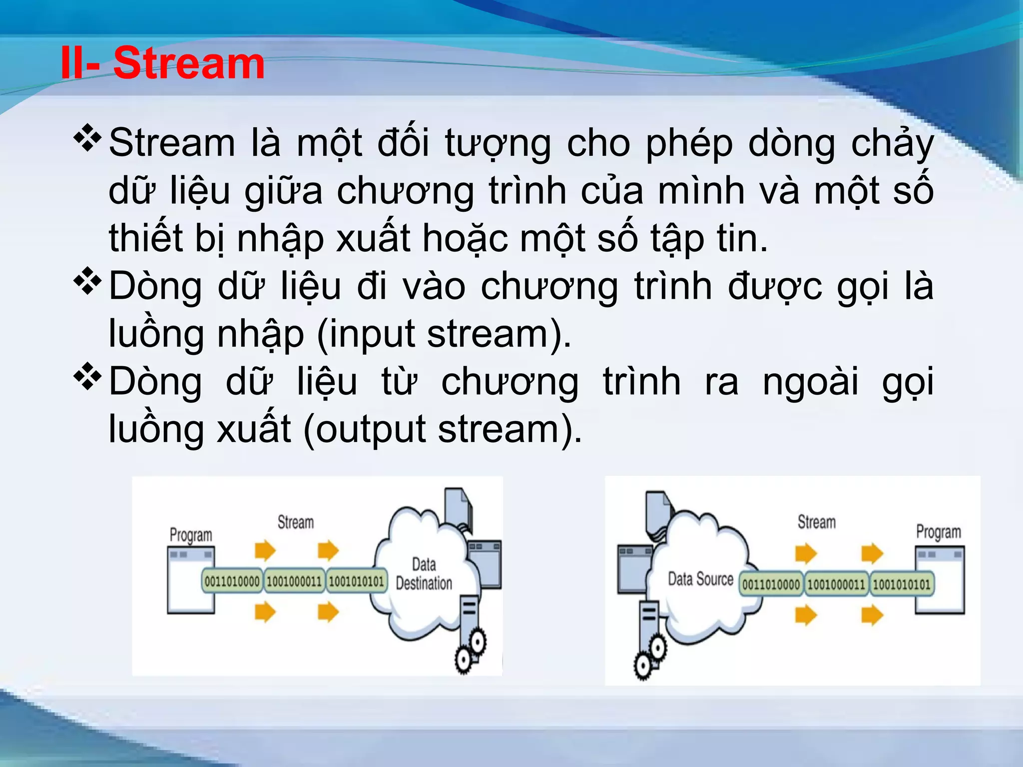 II- Stream 
Stream là một đối tượng cho phép dòng chảy 
dữ liệu giữa chương trình của mình và một số 
thiết bị nhập xuất hoặc một số tập tin. 
Dòng dữ liệu đi vào chương trình được gọi là 
luồng nhập (input stream). 
Dòng dữ liệu từ chương trình ra ngoài gọi 
luồng xuất (output stream). 
 