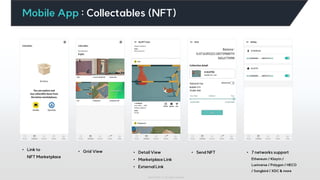 Iotrust 2022 ⓒ All rights reserved
Mobile App : Collectables (NFT)
• Link to
NFT Marketplace
• Grid View • Detail View
• Marketplace Link
• External Link
• Send NFT • 7 networks support
Ethereum / Klaytn /
Luniverse / Polygon / HECO
/ Songbird / XDC & more
 
