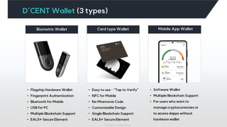 Iotrust 2022 ⓒ All rights reserved
Biometric Wallet Card type Wallet Mobile App Wallet
• Flagship Hardware Wallet
• Fingerprint Authentication
• Bluetooth for Mobile
• USB for PC
• Multiple Blockchain Support
• EAL5+ Secure Element
• Easy to use – “Tap to Verify”
• NFC for Mobile
• No Mnemonic Code
• Customizable Design
• Single Blockchain Support
• EAL5+ Secure Element
• Software Wallet
• Multiple Blockchain Support
• For users who want to
manage cryptocurrencies or
to access dapps without
hardware wallet
D’CENT Wallet (3 types)
 