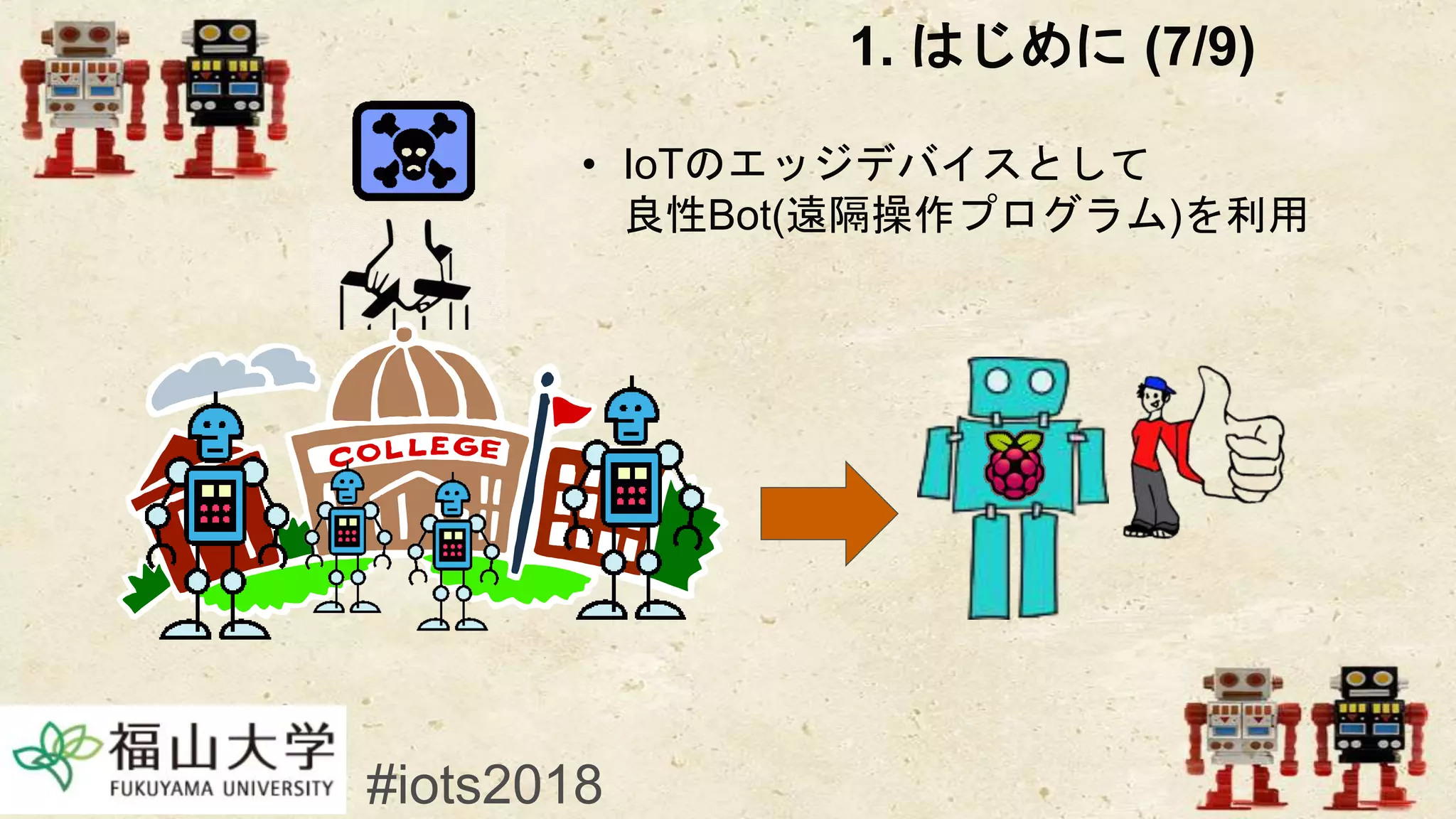 1. はじめに (7/9)
• IoTのエッジデバイスとして
良性Bot(遠隔操作プログラム)を利用
#iots2018
 