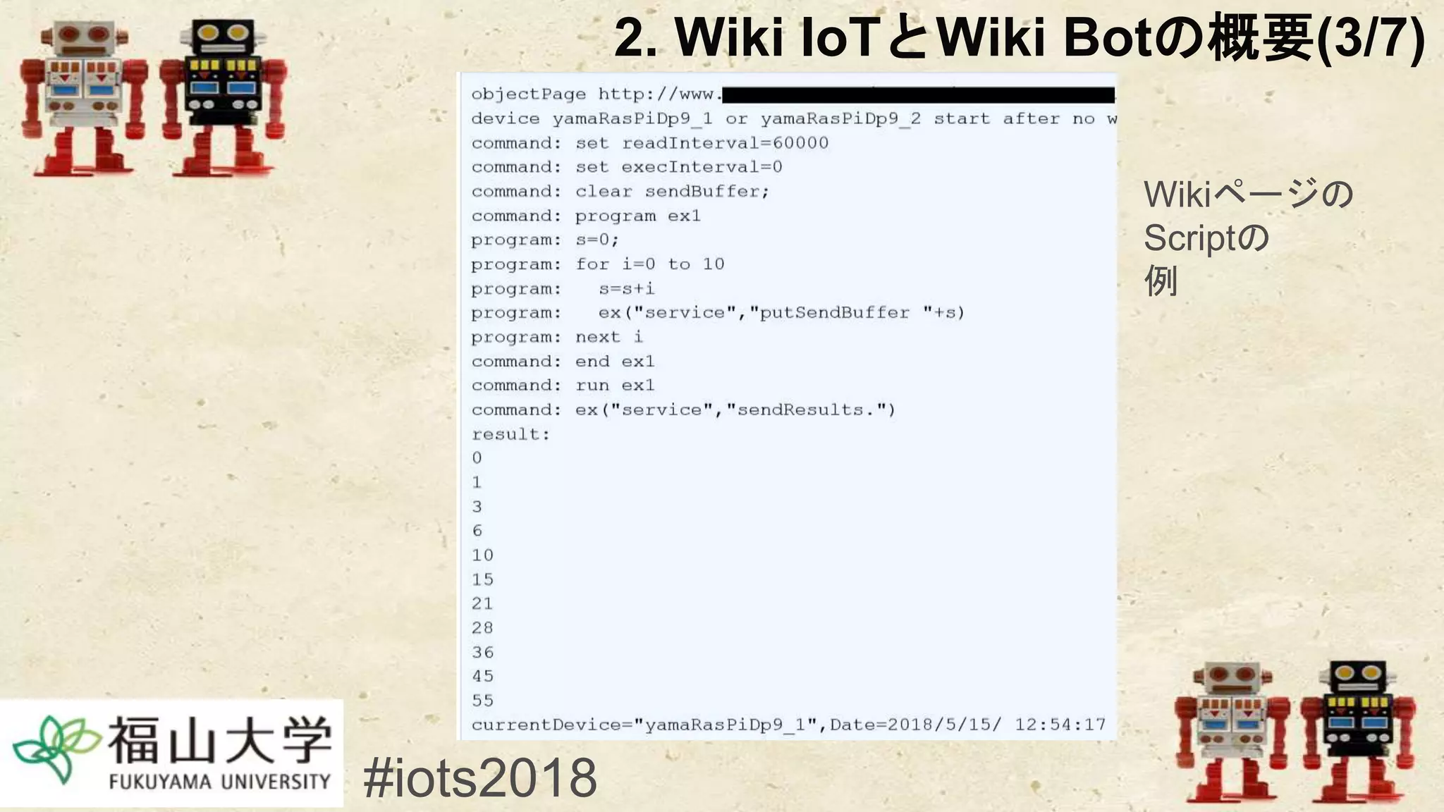 2. Wiki IoTとWiki Botの概要(3/7)
#iots2018
Wikiページの
Scriptの
例
 