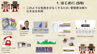1. はじめに (5/9)
• このような失敗を少なくするため, 管理者は様々
な手法を利用
Webalizer New relic
Direct Call/E-mail
from Users
-> Our loss
Monitoring
by the staff
Splunk/Log manager
Commercial
Monitoring
Service
 