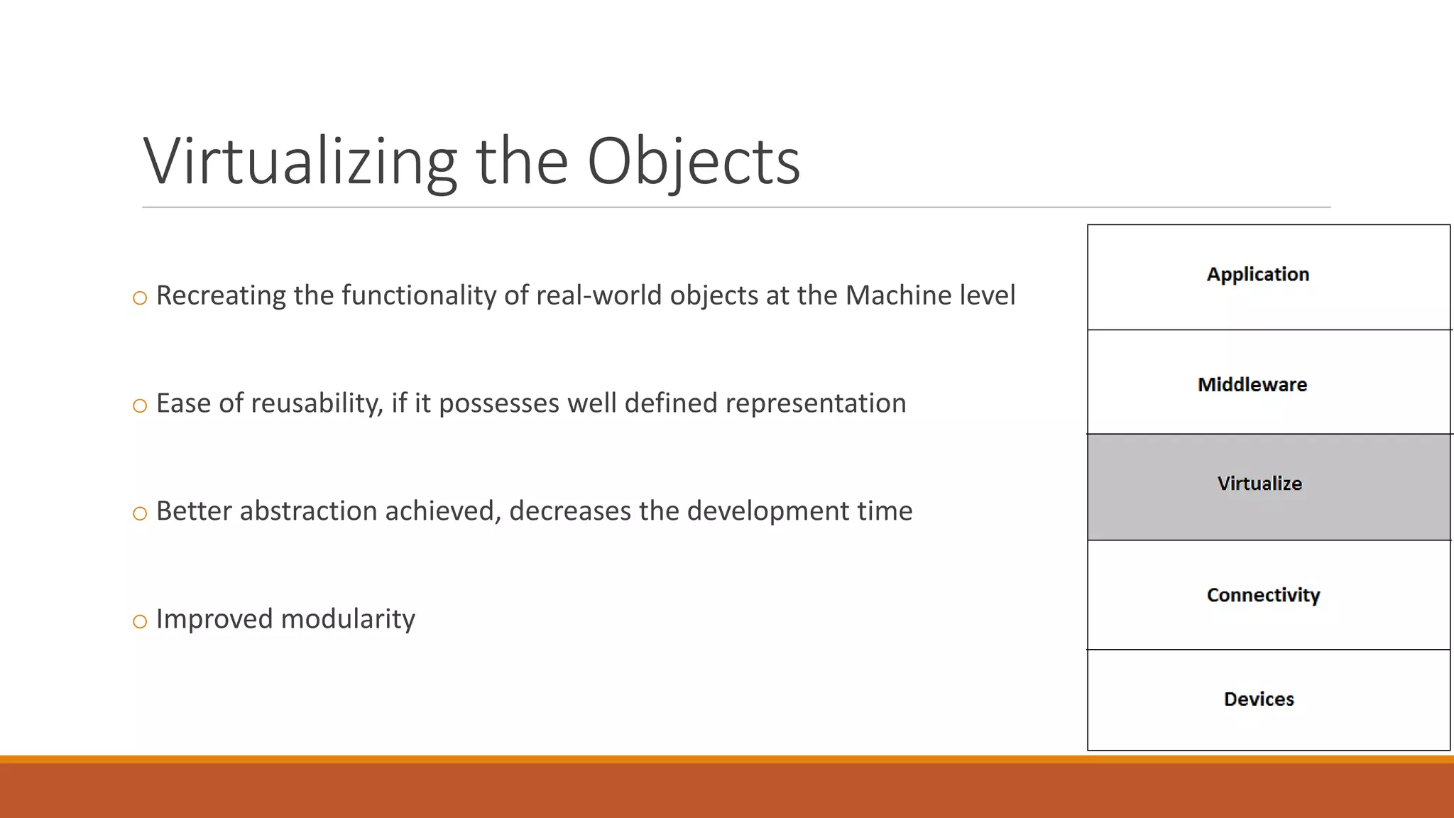 Virtualizing the Objects
o Recreating the functionality of real-world objects at the Machine level
o Ease of reusability, if it possesses well defined representation
o Better abstraction achieved, decreases the development time
o Improved modularity
 