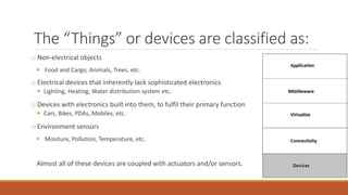 The “Things” or devices are classified as:
o Non-electrical objects
 Food and Cargo, Animals, Trees, etc.
o Electrical devices that inherently lack sophisticated electronics
 Lighting, Heating, Water distribution system etc.
o Devices with electronics built into them, to fulfil their primary function
 Cars, Bikes, PDAs, Mobiles, etc.
o Environment sensors
 Moisture, Pollution, Temperature, etc.
Almost all of these devices are coupled with actuators and/or sensors.
 