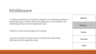 Middleware
o A software infrastructure that glues together the networking hardware,
operating system, network stacks and applications. It sits between the
underlying protocols and the application layer.
o Effective control and management of objects
o Convert the data from lower layers to provide the appropriate
information to the application layer.
 