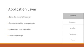 Application Layer
o Connect a device to the server
o Record and read the generated data
o Link the data to an application
o Cloud based design
 