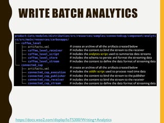 WRITE BATCH ANALYTICS
# includes the content to bind the stream to the receiver
# includes the analytics script used to summarize data streams
# includes the schema to persist and format the streaming data
# includes the content to define the data format of streaming data
# create an archive of all the artifacts created below
# includes the content to define the data format of streaming data
# includes the content to bind the stream to the receiver
# includes the content to bind the stream to the publisher
# includes the siddhi script used to process read time data
# create an archive of all the artifacts created below
https://docs.wso2.com/display/IoTS300/Writing+Analytics
 
