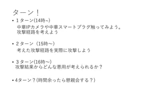 ターン！
• １ターン(14時~)
中華IPカメラや中華スマートプラグ触ってみよう。
攻撃経路を考えよう
• ２ターン（15時～）
考えた攻撃経路を実際に攻撃しよう
• ３ターン(16時～)
攻撃結果からどんな悪用が考えられるか？
• 4ターン？(時間余ったら懇親会する？)
 