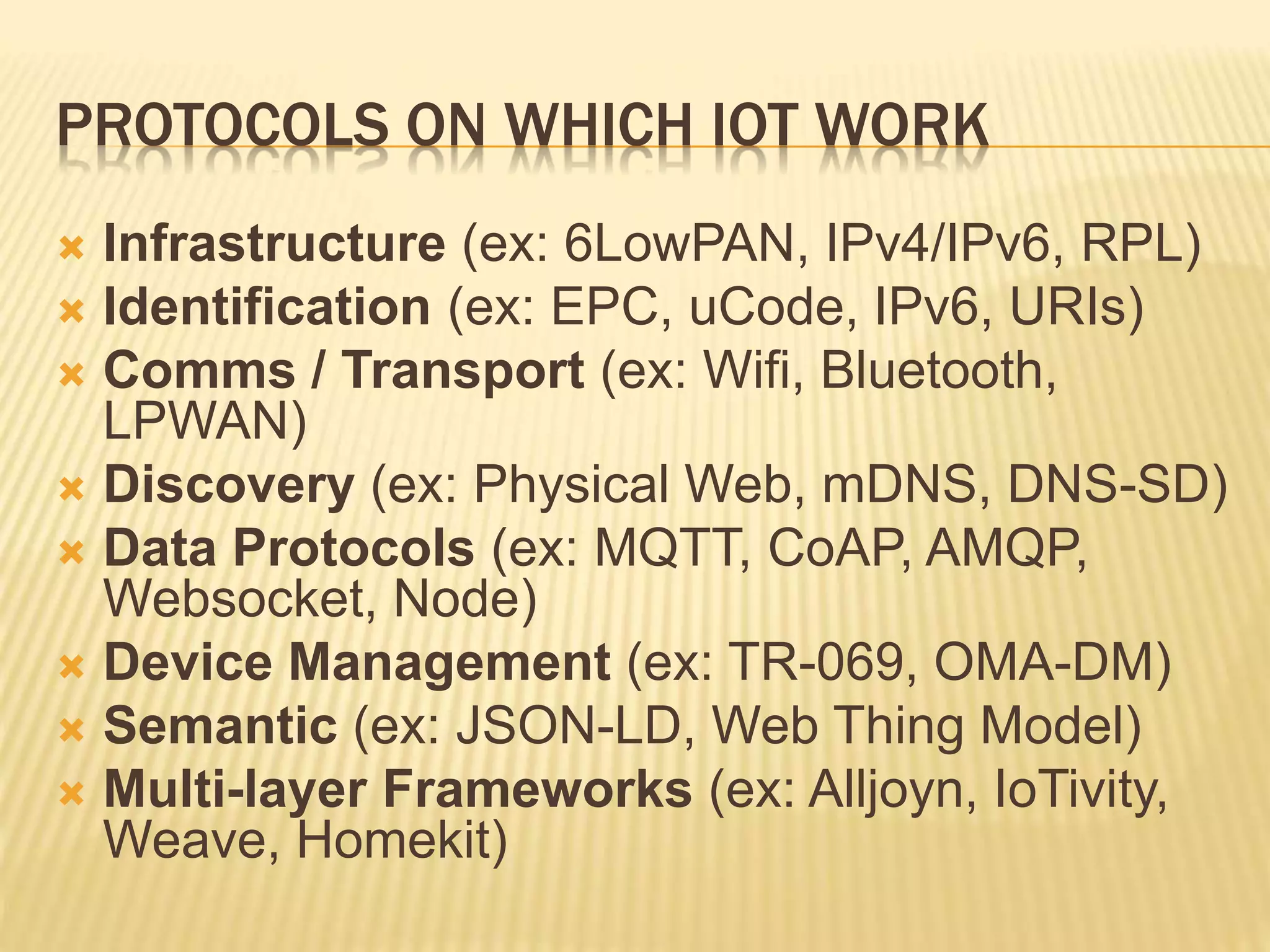 PROTOCOLS ON WHICH IOT WORK
 Infrastructure (ex: 6LowPAN, IPv4/IPv6, RPL)
 Identification (ex: EPC, uCode, IPv6, URIs)
 Comms / Transport (ex: Wifi, Bluetooth,
LPWAN)
 Discovery (ex: Physical Web, mDNS, DNS-SD)
 Data Protocols (ex: MQTT, CoAP, AMQP,
Websocket, Node)
 Device Management (ex: TR-069, OMA-DM)
 Semantic (ex: JSON-LD, Web Thing Model)
 Multi-layer Frameworks (ex: Alljoyn, IoTivity,
Weave, Homekit)
 
