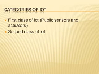 CATEGORIES OF IOT
 First class of iot (Public sensors and
actuators)
 Second class of iot
 
