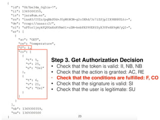 Step 3. Get Authorization Decision
• Check that the token is valid: II, NB, NB
• Check that the action is granted: AC, RE
• Check that the conditions are fulﬁlled: F, CO
• Check that the signature is valid: SI
• Check that the user is legitimate: SU
23
 