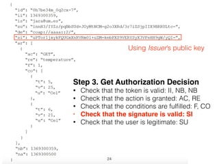 Step 3. Get Authorization Decision
• Check that the token is valid: II, NB, NB
• Check that the action is granted: AC, RE
• Check that the conditions are fulﬁlled: F, CO
• Check that the signature is valid: SI
• Check that the user is legitimate: SU
Using Issuer’s public key
24
 