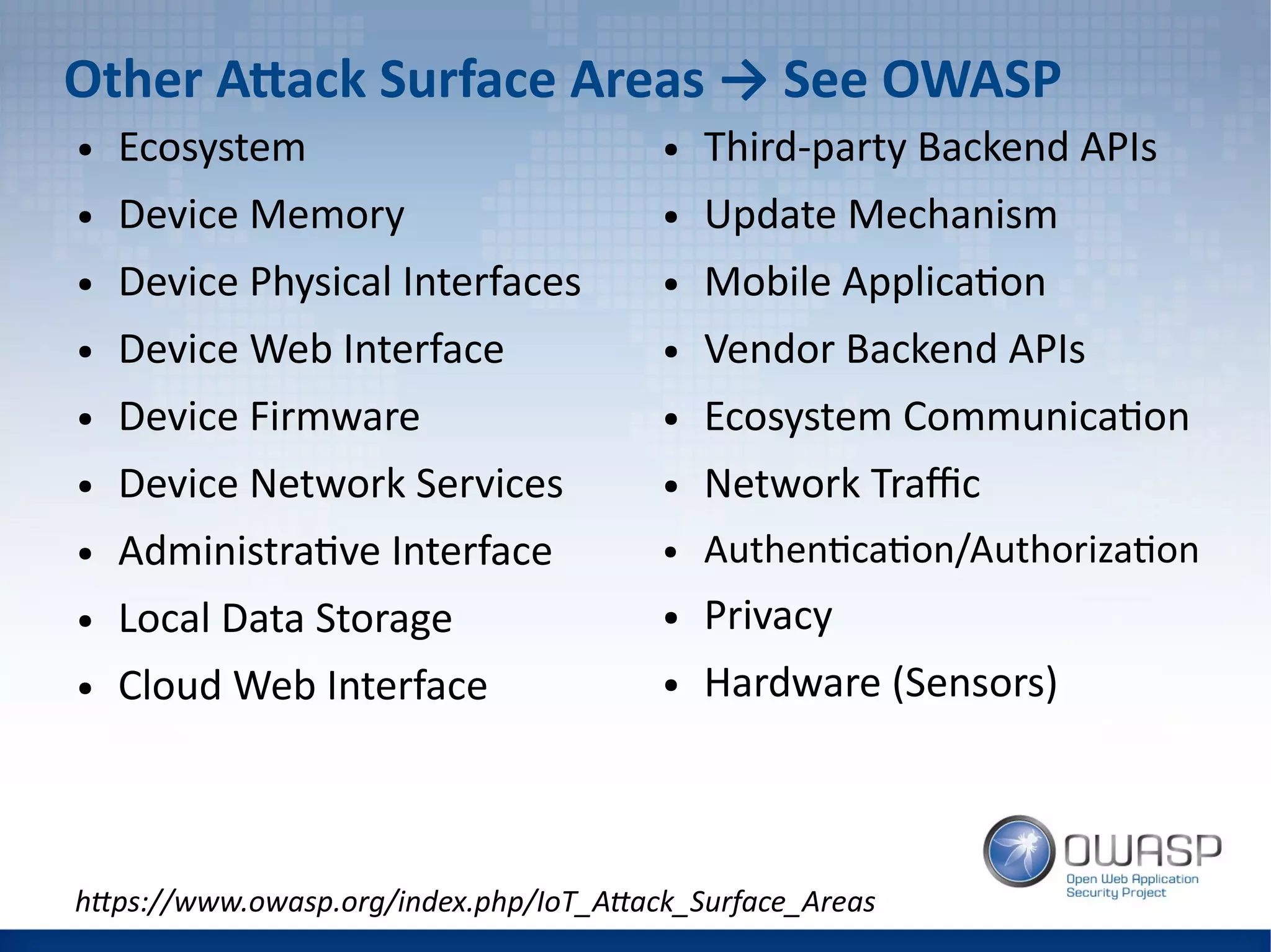 Other Attack Surface Areas → See OWASP
● Ecosystem
● Device Memory
● Device Physical Interfaces
● Device Web Interface
● Device Firmware
● Device Network Services
● Administrative Interface
● Local Data Storage
● Cloud Web Interface
● Third-party Backend APIs
● Update Mechanism
● Mobile Application
● Vendor Backend APIs
● Ecosystem Communication
● Network Traffic
● Authentication/Authorization
● Privacy
● Hardware (Sensors)
https://www.owasp.org/index.php/IoT_Attack_Surface_Areas
 