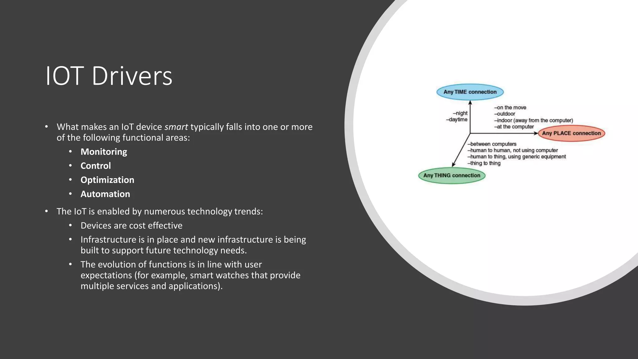 IOT Drivers
• What makes an IoT device smart typically falls into one or more
of the following functional areas:
• Monitoring
• Control
• Optimization
• Automation
• The IoT is enabled by numerous technology trends:
• Devices are cost effective
• Infrastructure is in place and new infrastructure is being
built to support future technology needs.
• The evolution of functions is in line with user
expectations (for example, smart watches that provide
multiple services and applications).
 