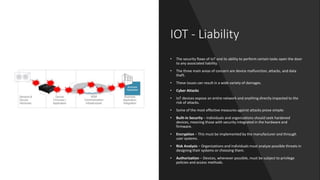 IOT - Liability
• The security flaws of IoT and its ability to perform certain tasks open the door
to any associated liability.
• The three main areas of concern are device malfunction, attacks, and data
theft.
• These issues can result in a wide variety of damages.
• Cyber Attacks
• IoT devices expose an entire network and anything directly impacted to the
risk of attacks.
• Some of the most effective measures against attacks prove simple:
• Built-in Security − Individuals and organizations should seek hardened
devices, meaning those with security integrated in the hardware and
firmware.
• Encryption − This must be implemented by the manufacturer and through
user systems.
• Risk Analysis − Organizations and individuals must analyze possible threats in
designing their systems or choosing them.
• Authorization − Devices, whenever possible, must be subject to privilege
policies and access methods.
 