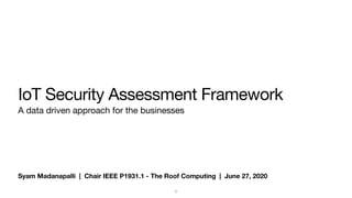 Syam Madanapalli | Chair IEEE P1931.1 - The Roof Computing | June 27, 2020
IoT Security Assessment Framework
A data driven approach for the businesses
1
 