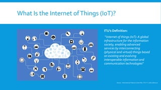 What Is the Internet ofThings (IoT)?
ITU’s Definition:
“Internet of things (IoT): A global
infrastructure for the information
society, enabling advanced
services by interconnecting
(physical and virtual) things based
on existing and evolving
interoperable information and
communication technologies”
Source: International Telecom Union Rec. ITU-T Y.2060 (06/2012)
 