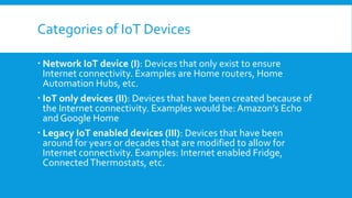 Categories of IoT Devices
 Network IoT device (I): Devices that only exist to ensure
Internet connectivity. Examples are Home routers, Home
Automation Hubs, etc.
 IoT only devices (II): Devices that have been created because of
the Internet connectivity. Examples would be: Amazon’s Echo
and Google Home
 Legacy IoT enabled devices (III): Devices that have been
around for years or decades that are modified to allow for
Internet connectivity. Examples: Internet enabled Fridge,
ConnectedThermostats, etc.
 