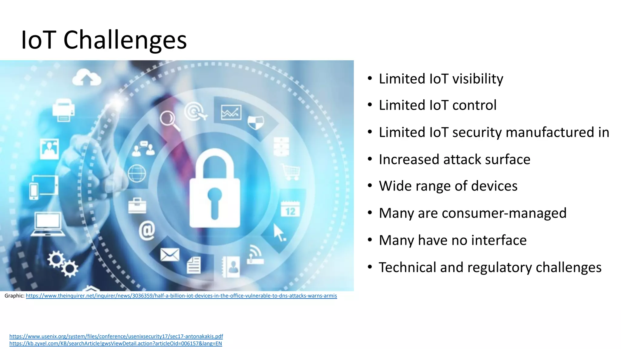 IoT Challenges
• Limited IoT visibility
• Limited IoT control
• Limited IoT security manufactured in
• Increased attack surface
• Wide range of devices
• Many are consumer-managed
• Many have no interface
• Technical and regulatory challenges
https://www.usenix.org/system/files/conference/usenixsecurity17/sec17-antonakakis.pdf
https://kb.zyxel.com/KB/searchArticle!gwsViewDetail.action?articleOid=006157&lang=EN
Graphic: https://www.theinquirer.net/inquirer/news/3036359/half-a-billion-iot-devices-in-the-office-vulnerable-to-dns-attacks-warns-armis
 