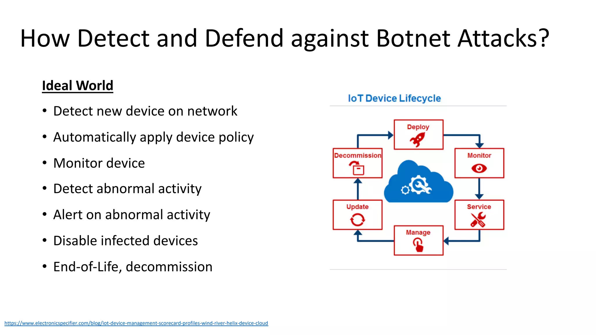 How Detect and Defend against Botnet Attacks?
Ideal World
• Detect new device on network
• Automatically apply device policy
• Monitor device
• Detect abnormal activity
• Alert on abnormal activity
• Disable infected devices
• End-of-Life, decommission
https://www.electronicspecifier.com/blog/iot-device-management-scorecard-profiles-wind-river-helix-device-cloud
 