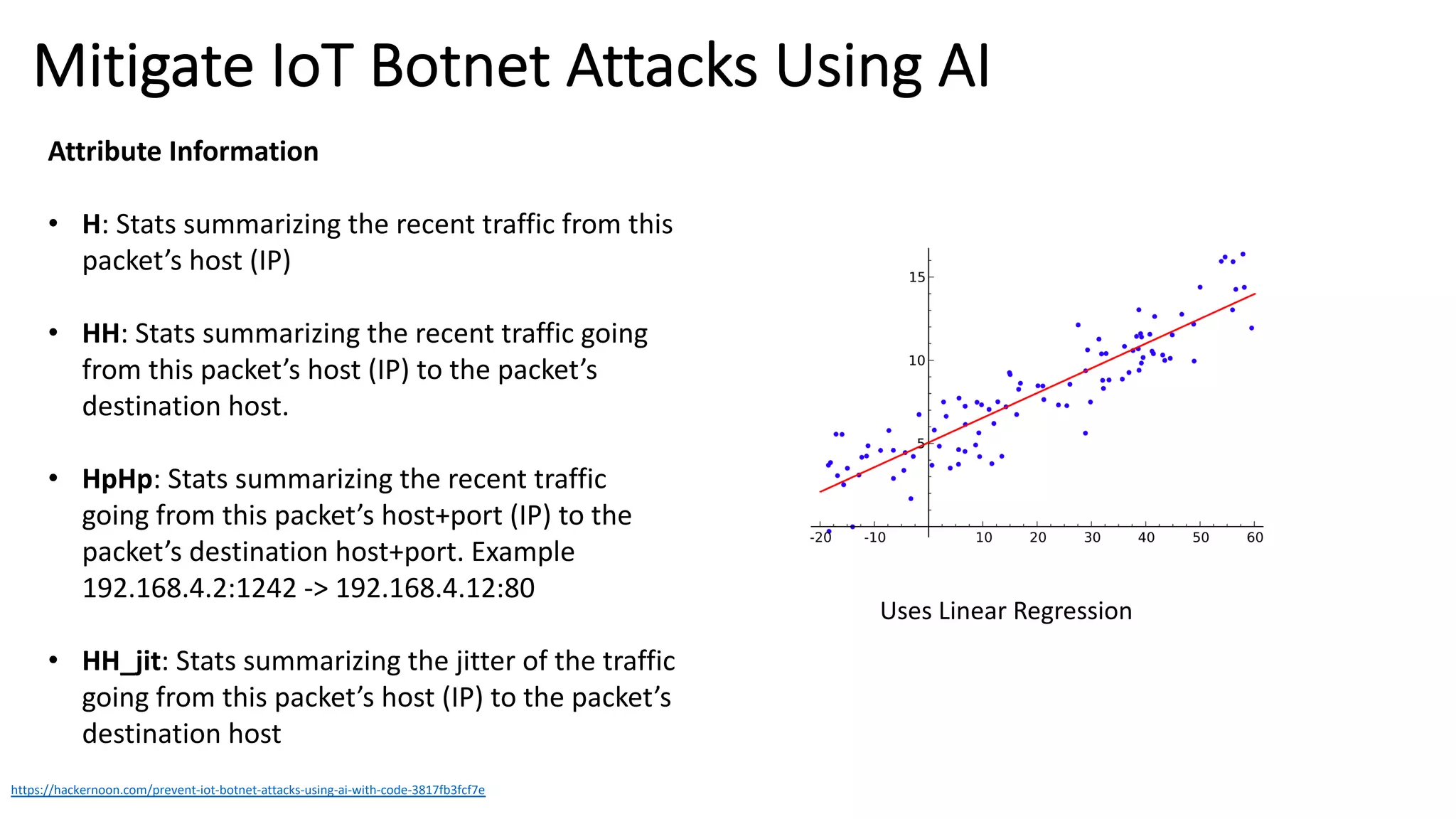Mitigate IoT Botnet Attacks Using AI
https://hackernoon.com/prevent-iot-botnet-attacks-using-ai-with-code-3817fb3fcf7e
Attribute Information
• H: Stats summarizing the recent traffic from this
packet’s host (IP)
• HH: Stats summarizing the recent traffic going
from this packet’s host (IP) to the packet’s
destination host.
• HpHp: Stats summarizing the recent traffic
going from this packet’s host+port (IP) to the
packet’s destination host+port. Example
192.168.4.2:1242 -> 192.168.4.12:80
• HH_jit: Stats summarizing the jitter of the traffic
going from this packet’s host (IP) to the packet’s
destination host
Uses Linear Regression
 