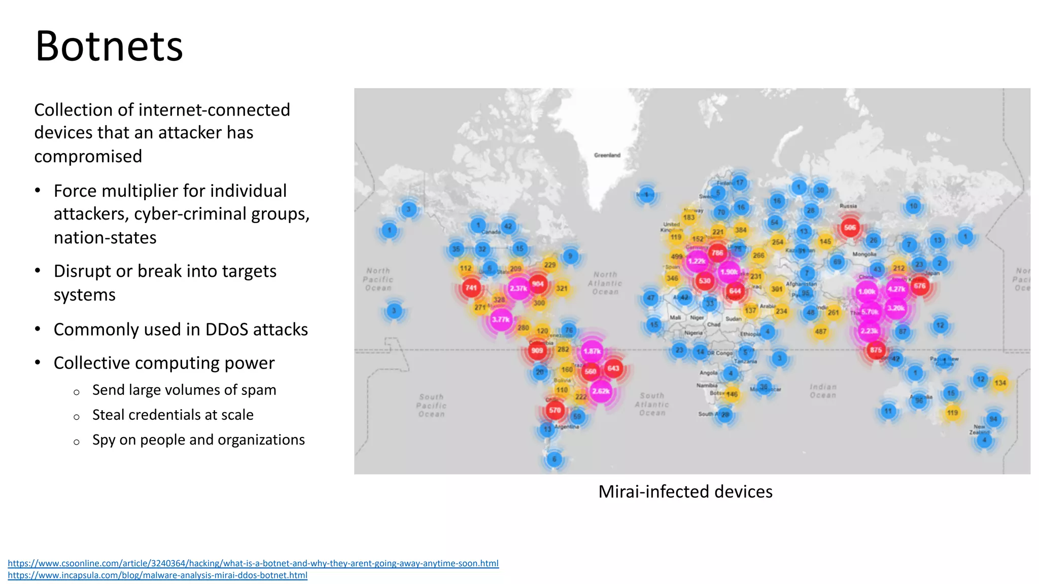 Botnets
Collection of internet-connected
devices that an attacker has
compromised
• Force multiplier for individual
attackers, cyber-criminal groups,
nation-states
• Disrupt or break into targets
systems
• Commonly used in DDoS attacks
• Collective computing power
o Send large volumes of spam
o Steal credentials at scale
o Spy on people and organizations
https://www.csoonline.com/article/3240364/hacking/what-is-a-botnet-and-why-they-arent-going-away-anytime-soon.html
https://www.incapsula.com/blog/malware-analysis-mirai-ddos-botnet.html
Mirai-infected devices
 