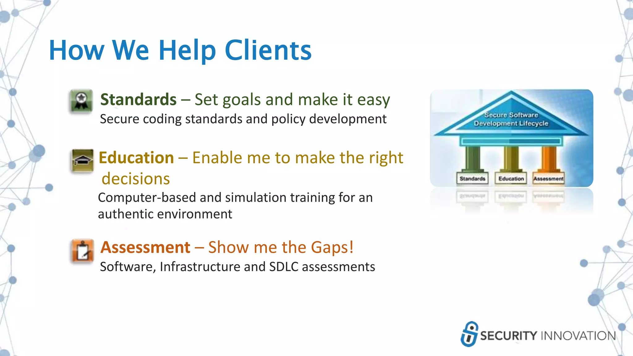 • Standards – Set goals and make it easy
Secure coding standards and policy development
Education – Enable me to make the right
decisions
Computer-based and simulation training for an
authentic environment
• Assessment – Show me the Gaps!
Software, Infrastructure and SDLC assessments
How We Help Clients
 