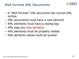 Well Formed XML Documents 
− A "Well Formed" XML document has correct XML 
syntax. 
− XML documents must have a root element 
− XML elements must have a closing tag 
− XML tags are case sensitive 
− XML elements must be properly nested 
− XML attribute values must be quoted 
Source: W3C Schools, http://www.w3schools.com/ 17 
 