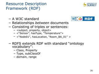 Resource Description 
Framework (RDF) 
− A W3C standard 
− Relationships between documents 
− Consisting of triples or sentences: 
− <subject, property, object> 
− <“Sensor”, hasType, “Temperature”> 
− <“Node01”, hasLocation, “Room_BA_01” > 
− RDFS extends RDF with standard “ontology 
vocabulary”: 
− Class, Property 
− Type, subClassOf 
− domain, range 
26 
 