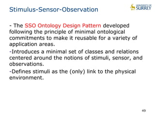 Stimulus-Sensor-Observation 
- The SSO Ontology Design Pattern developed 
following the principle of minimal ontological 
commitments to make it reusable for a variety of 
application areas. 
-Introduces a minimal set of classes and relations 
centered around the notions of stimuli, sensor, and 
observations. 
-Defines stimuli as the (only) link to the physical 
environment. 
49 
 