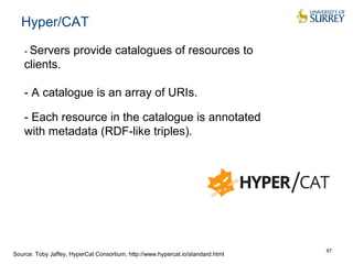 Hyper/CAT 
- Servers provide catalogues of resources to 
clients. 
- A catalogue is an array of URIs. 
- Each resource in the catalogue is annotated 
with metadata (RDF-like triples). 
67 Source: Toby Jaffey, HyperCat Consortium, http://www.hypercat.io/standard.html 
 