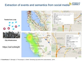 Extraction of events and semantics from social media 
81 
Tweets from a city 
City Infrastructure 
https://osf.io/b4q2t/ 
P. Anantharam, P. Barnaghi, K. Thirunarayan, A. Sheth, "Extracting city events from social streams,“, 2014. 
 