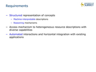 Requirements 
− Structured representation of concepts 
− Machine-interpretable descriptions 
− Reasoning mechanisms 
− Access mechanism to heterogeneous resource descriptions with 
diverse capabilities 
− Automated interactions and horizontal integration with existing 
applications 
 