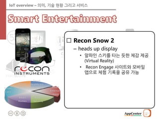 IoT overview – 의미, 기술 현황 그리고 서비스 
⃣Recon Snow 2 
–heads up display 
•알파인 스키를 타는 듯한 체감 제공(Virtual Reality) 
• Recon Engage 사이트와 모바일 앱으로 체험 기록을 공유 가능 
 