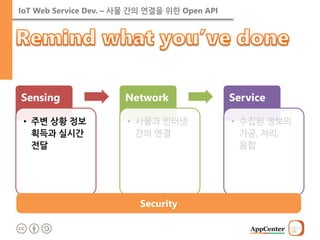 IoT Web Service Dev. – 사물 간의 연결을 위한 Open API 
Sensing 
•주변 상황 정보획득과 실시간 전달 
Network 
•사물과 인터넷 간의 연결 
Service 
•수집된 정보의 가공, 처리, 융합 
Security  