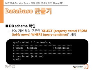 IoT Web Service Dev. – 사물 간의 연결을 위한 Open API 
■DB schema 확인 
–SQL 기본 질의 구문인 “SELECT {property name} FROM {table name} WHERE {query condition}” 사용 
mysql> select * from tempData; +--------+---------------------+-------------+ | tempId | tempDate | tempCelsius | +--------+---------------------+-------------+ +--------+---------------------+-------------+ 0 rows in set (0.11 sec) mysql>  