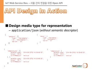 IoT Web Service Dev. – 사물 간의 연결을 위한 Open API 
■Design media type for representation 
–application/json (without semantic descriptor)  