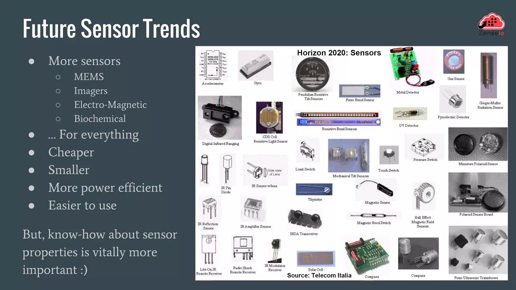 Future Sensor Trends
● More sensors
○ MEMS
○ Imagers
○ Electro-Magnetic
○ Biochemical
● … For everything
● Cheaper
● Smaller
● More power efficient
● Easier to use
But, know-how about sensor
properties is vitally more
important :)
 