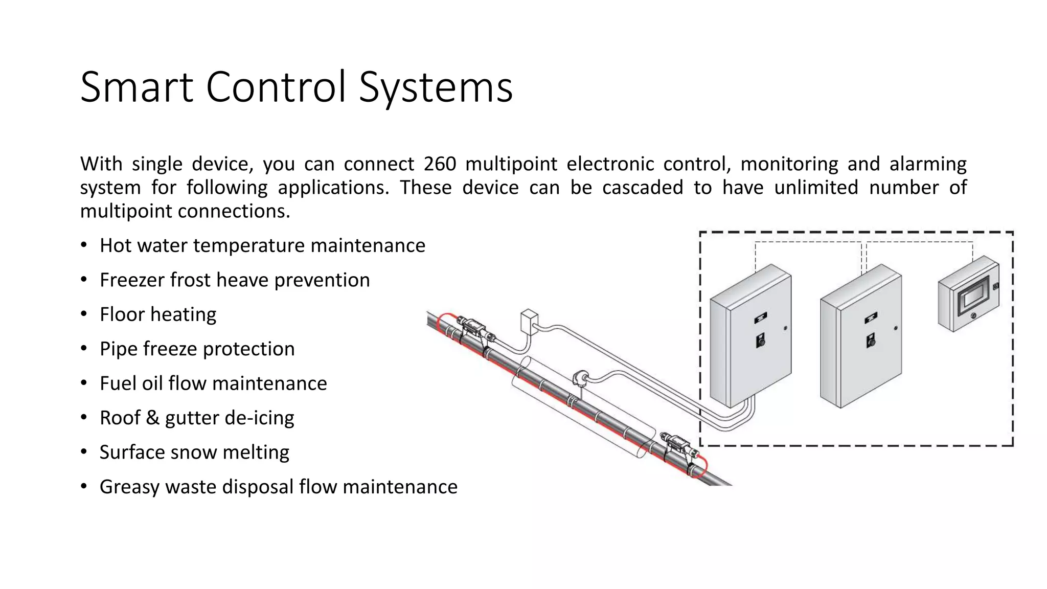 Smart Control Systems
With single device, you can connect 260 multipoint electronic control, monitoring and alarming
system for following applications. These device can be cascaded to have unlimited number of
multipoint connections.
• Hot water temperature maintenance
• Freezer frost heave prevention
• Floor heating
• Pipe freeze protection
• Fuel oil flow maintenance
• Roof & gutter de-icing
• Surface snow melting
• Greasy waste disposal flow maintenance
 