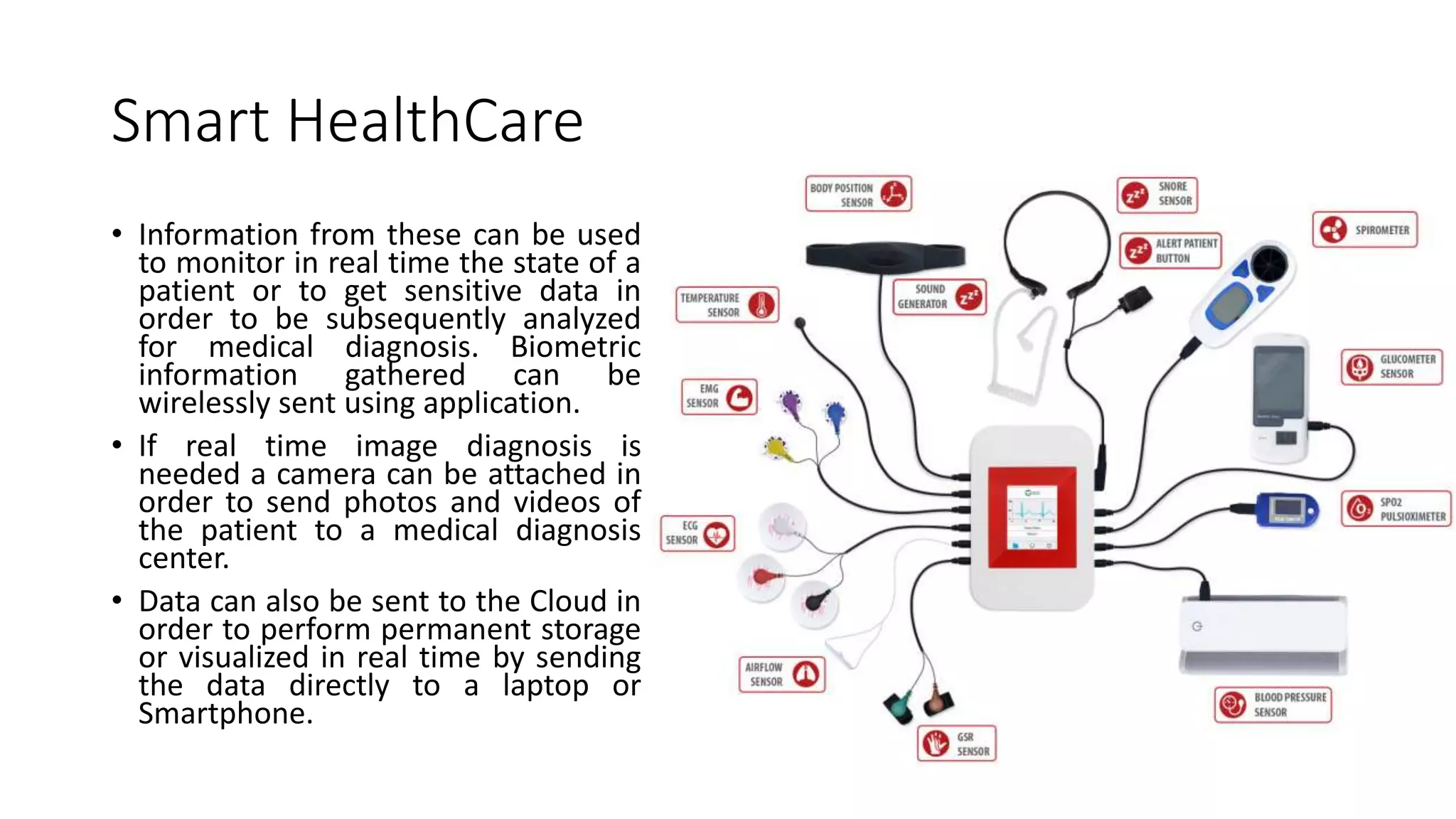 Smart HealthCare
• Information from these can be used
to monitor in real time the state of a
patient or to get sensitive data in
order to be subsequently analyzed
for medical diagnosis. Biometric
information gathered can be
wirelessly sent using application.
• If real time image diagnosis is
needed a camera can be attached in
order to send photos and videos of
the patient to a medical diagnosis
center.
• Data can also be sent to the Cloud in
order to perform permanent storage
or visualized in real time by sending
the data directly to a laptop or
Smartphone.
 