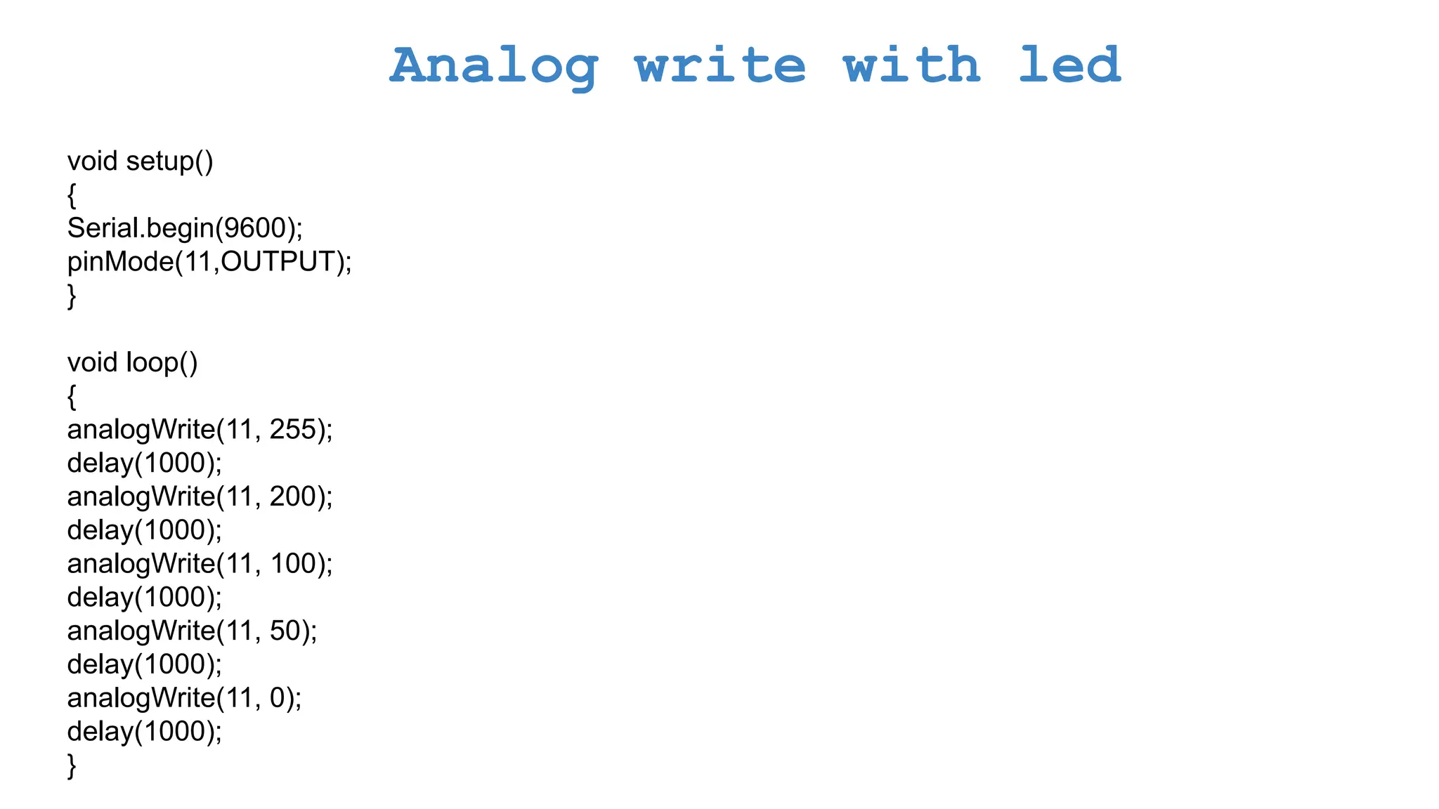 Analog write with led void setup() { Serial.begin(9600); pinMode(11,OUTPUT); } void loop() { analogWrite(11, 255); delay(1000); analogWrite(11, 200); delay(1000); analogWrite(11, 100); delay(1000); analogWrite(11, 50); delay(1000); analogWrite(11, 0); delay(1000); } 
