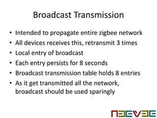Broadcast Transmission
• Intended to propagate entire zigbee network
• All devices receives this, retransmit 3 times
• Local entry of broadcast
• Each entry persists for 8 seconds
• Broadcast transmission table holds 8 entries
• As it get transmitted all the network,
broadcast should be used sparingly
 