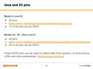 37
Java and IO pins
Model A and B:
● 26 pins
● https://www.raspberrypi.org/documentation/usage/gpio/
● 17 of 26 pins are for GPIO
Model A+, B+, Zero and 2:
● 40 pins
● https://www.raspberrypi.org/documentation/usage/gpio-plus-and-raspi2/
● 26 of 40 pins are for GPIO
These GPIO pins can be used to collect data from sensors, to drive servos,
LEDs and other peripherals: http://wiringpi.com/pins/
 
