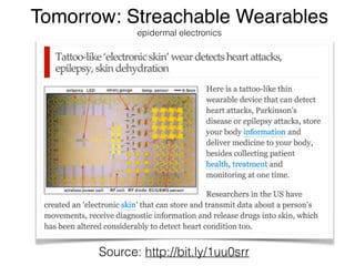 Tomorrow: Streachable Wearables 
epidermal electronics 
Source: http://bit.ly/1uu0srr 
 