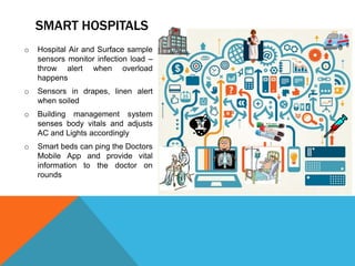 o Hospital Air and Surface sample
sensors monitor infection load –
throw alert when overload
happens
o Sensors in drapes, linen alert
when soiled
o Building management system
senses body vitals and adjusts
AC and Lights accordingly
o Smart beds can ping the Doctors
Mobile App and provide vital
information to the doctor on
rounds
SMART HOSPITALS
 