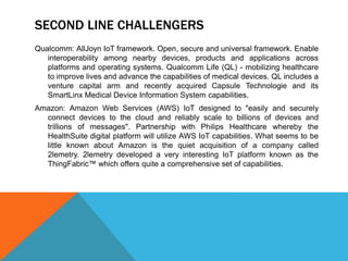 SECOND LINE CHALLENGERS
Qualcomm: AllJoyn IoT framework. Open, secure and universal framework. Enable
interoperability among nearby devices, products and applications across
platforms and operating systems. Qualcomm Life (QL) - mobilizing healthcare
to improve lives and advance the capabilities of medical devices. QL includes a
venture capital arm and recently acquired Capsule Technologie and its
SmartLinx Medical Device Information System capabilities.
Amazon: Amazon Web Services (AWS) IoT designed to "easily and securely
connect devices to the cloud and reliably scale to billions of devices and
trillions of messages". Partnership with Philips Healthcare whereby the
HealthSuite digital platform will utilize AWS IoT capabilities. What seems to be
little known about Amazon is the quiet acquisition of a company called
2lemetry. 2lemetry developed a very interesting IoT platform known as the
ThingFabric™ which offers quite a comprehensive set of capabilities.
 