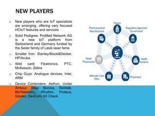 o New players who are IoT specialists
are emerging, offering very focused
HCIoT features and services
o Solid Pedigree: ProMed Network AG
is a new IoT platform from
Switzerland and Germany funded by
the Seiler family of Lasik laser fame
o Smaller Iron: Stanley/Black&Decker,
HP/Aruba
o Wild card: Flextronics, PTC,
McKesson, Zebra
o Chip Guys: Analogue devices, Intel,
ARM
o Device Contenders: Aethon, Under
Armour, Ekso Bionics, ReWalk,
BioTelemetry, iRhythm, Proteus,
Glooko, DexCom, Kit Check
NEW PLAYERS
 